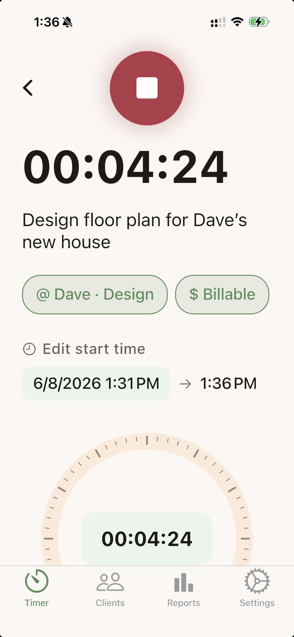 The Tally app running a billable timer for a client project — live duration, project and billable tags, and a clock dial